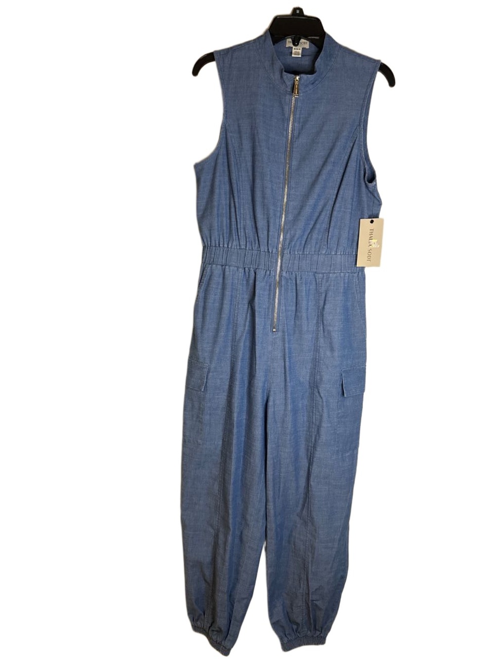 Thalia Sodi Sleeveless Blue Chambray Jumpsuit with Front Zip, NWT M